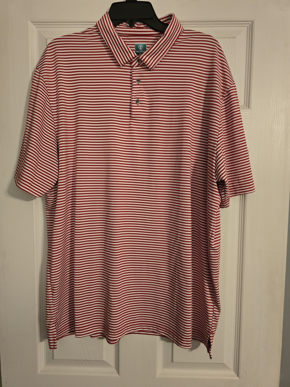 PGA Tour Red and White Narrow-Striped Polo